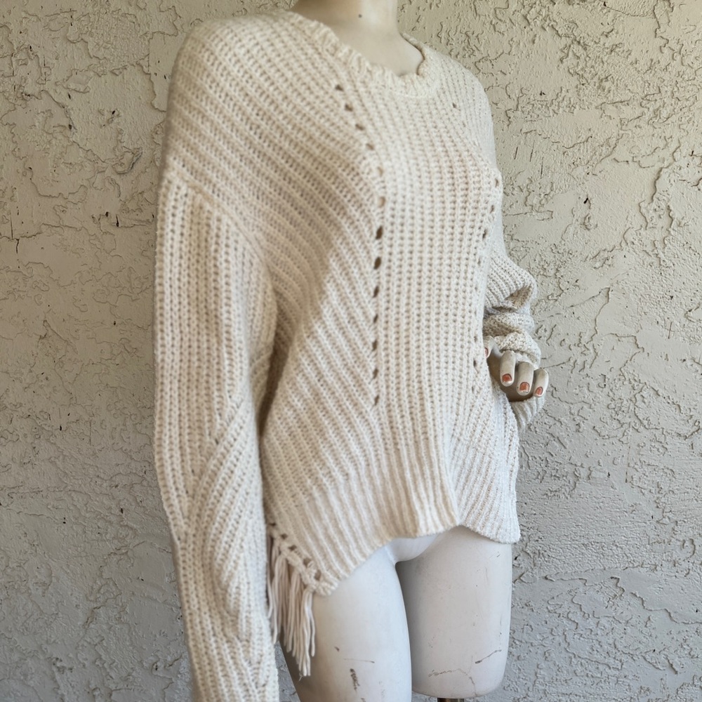 JOIE Sweater Ivory Chunky Knit Long Sleeve Fringe Hem Oversized Slouchy Top L